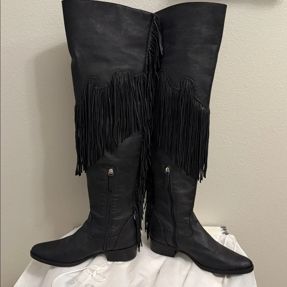 SCHUTZ Kin Black Leather OTK Fringe Boots 9 NWOT Rare Dust Bag Boot Keepers